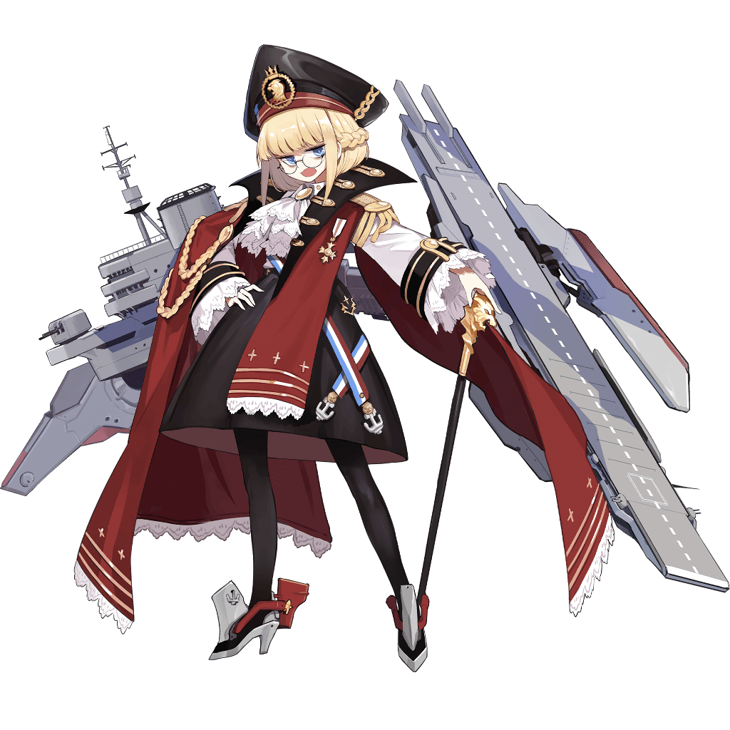 1girl aiguillette artist_request ascot bags_under_eyes bangs black_legwear black_surge_night blonde_hair blue_eyes blunt_bangs cane cape flight_deck hand_on_hip hat high_heels implacable_(black_surge_night) long_sleeves medal military military_uniform official_art open_mouth pantyhose peaked_cap red_cape rigging short_hair solo transparent_background uniform white_neckwear
