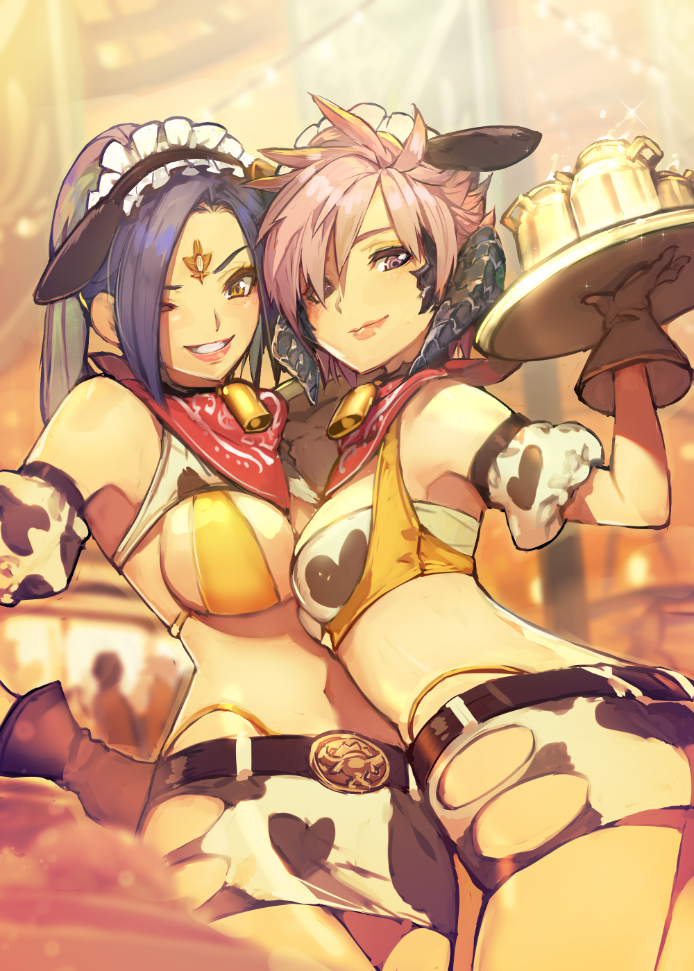 2girls animal_ears animal_print asymmetrical_docking au_ra bare_shoulders bell belt bikini black_gloves blurry blurry_background breast_press breasts closed_mouth commentary_request commission cow_ears cow_print cowboy_shot detached_sleeves fake_animal_ears final_fantasy final_fantasy_xiv gloves hair_over_one_eye hide_(hideout) highleg highleg_panties highres holding holding_tray horns hyur indoors lips long_hair looking_at_viewer maid_headdress medium_breasts multiple_girls neck_bell orange_eyes panties parted_lips pink_hair print_bandeau print_bikini print_shorts purple_hair red_scarf revealing_clothes scales scarf short_hair shorts skeb_commission small_breasts smile stomach swimsuit tray underwear violet_eyes waitress yellow_bikini