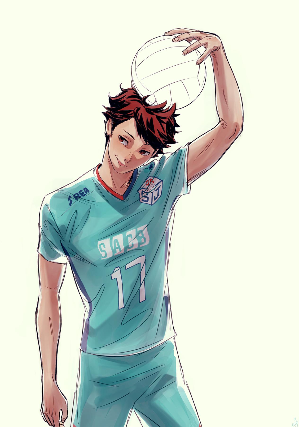 1boy :p arm_up ball bangs brown_eyes brown_hair ceejles commentary cowboy_shot english_commentary haikyuu!! highres jersey looking_away male_focus oikawa_tooru_(haikyuu!!) short_hair shorts simple_background solo sportswear tongue tongue_out volleyball volleyball_uniform