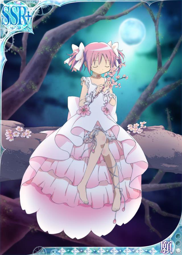 1girl ankle_ribbon back_bow backlighting bare_legs barefoot bow branch card_(medium) cherry_blossoms choker closed_eyes closed_mouth clouds cloudy_sky collarbone dark_clouds doily dot_nose dress eyebrows_visible_through_hair facing_viewer flower frilled_straps frills full_body full_moon hair_ribbon hands_up holding holding_branch kaname_madoka knee_blush knees_together_feet_apart layered_dress light_blush light_smile long_dress mahou_shoujo_madoka_magica moon moonlight moss night night_sky official_art outdoors pink_bow pink_dress pink_flower pink_hair ribbon sitting sky sleeveless sleeveless_dress solo thigh_strap trading_card tree twintails white_choker white_ribbon wrist_cuffs