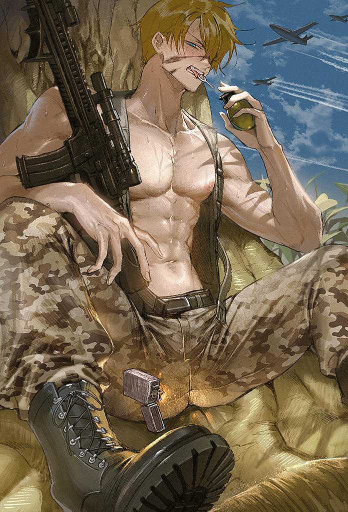 1boy abs aircraft airplane belt black_footwear blue_eyes blush boots clouds day explosive facepaint grenade holding holding_grenade looking_at_viewer male_focus navel nipples one_piece open_clothes open_vest outdoors pants runa_(artist) sanji sitting soldier solo teeth thigh-highs thigh_boots toned toned_male vest weapon