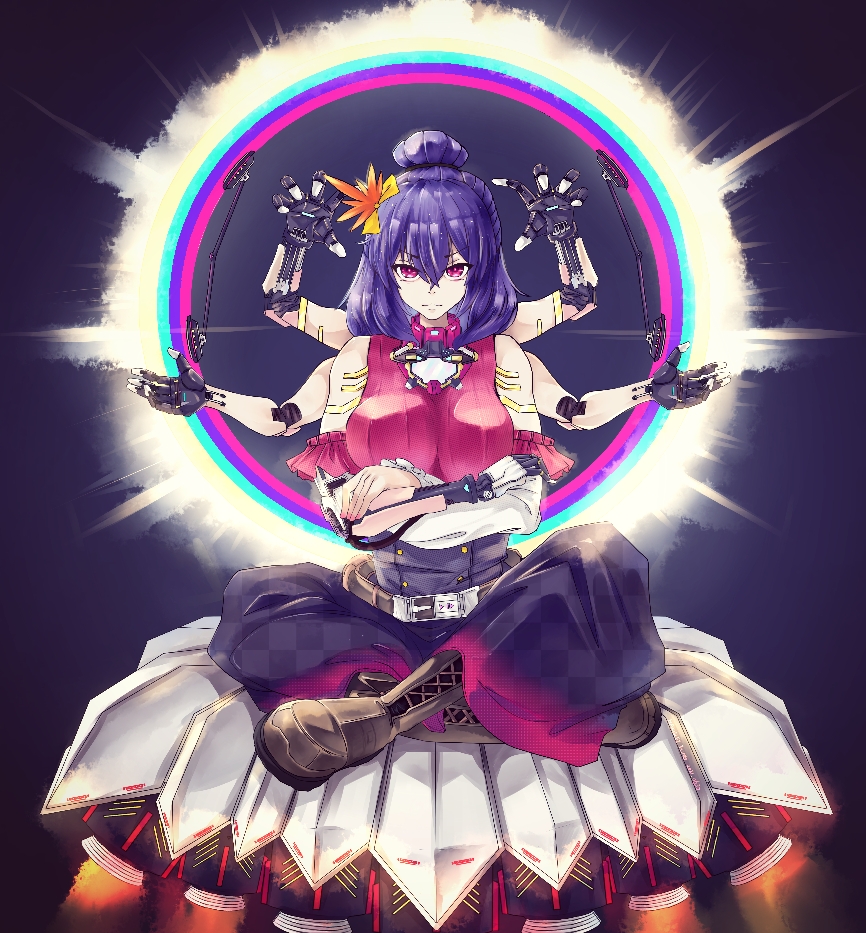 1girl belt blue_skirt boots breasts cyberpunk cyborg extra_arms hakurei_fling halo joints large_breasts long_skirt looking_at_viewer mechanical_arms purple_hair red_eyes red_shirt robot_joints rocket shirt short_hair skirt sleeveless solo tagme touhou yasaka_kanako