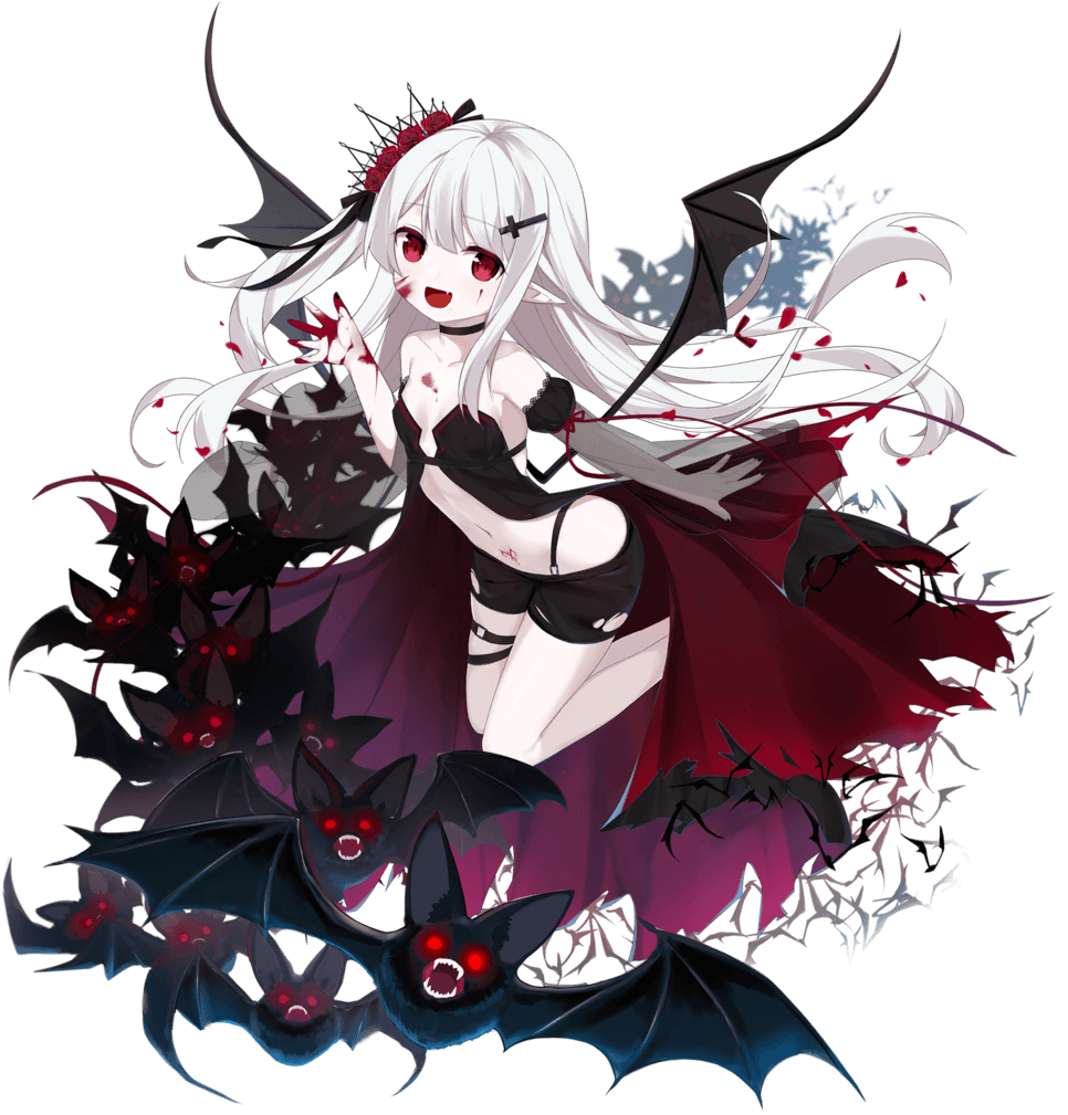 1girl bangs bat black_choker black_shorts black_surge_night blood blood_on_face blood_on_hands breasts cape choker cross cross_hair_ornament eyebrows_visible_through_hair fang fangs fufumi hair_ornament latin_cross long_hair looking_at_viewer official_art pale_skin petals pointy_ears red_eyes shorts small_breasts thigh_strap torn_clothes transparent_background vampire_(black_surge_night) very_long_hair white_hair wings