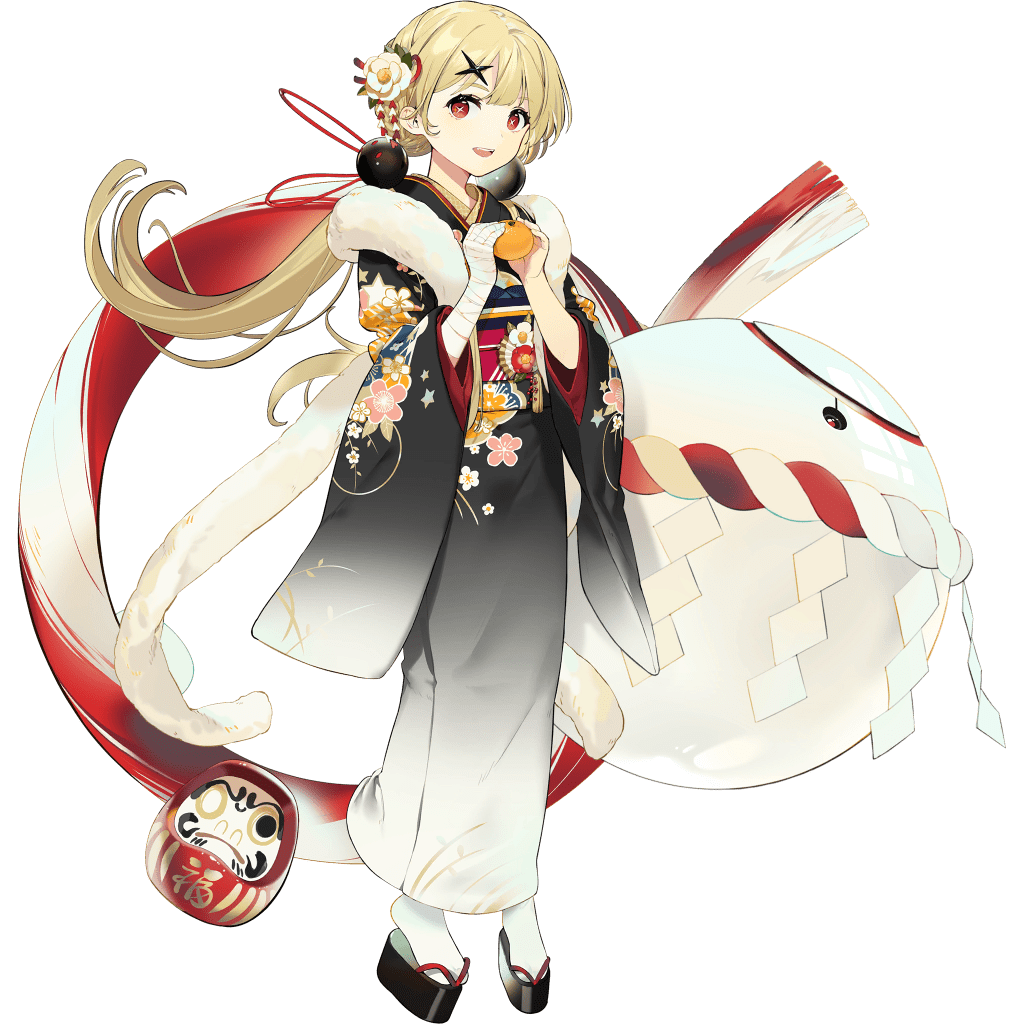 1girl bandaged_arm bandages bangs black_surge_night blonde_hair daruma_doll floral_print food fruit full_body hair_ornament holding japanese_clothes juneau_(black_surge_night) llc long_hair looking_at_viewer low_twintails obi official_alternate_costume official_art orange_(fruit) parted_lips red_eyes sandals sash solo tabi transparent_background twintails white_legwear wide_sleeves