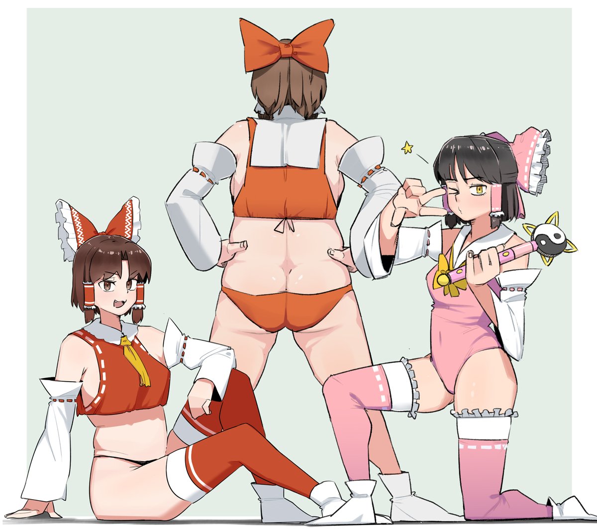 3girls adapted_costume ass backboob bad_id bad_twitter_id bangs benikurage_(cookie) black_hair black_panties bow breasts brown_eyes brown_hair commentary cookie_(touhou) crop_top detached_sleeves eyebrows_visible_through_hair frilled_bow frilled_hair_tubes frilled_legwear frills full_body hair_bow hair_tubes hakurei_reimu half_updo hands_on_hips holding holding_wand large_breasts leotard looking_at_viewer magical_girl medium_breasts multiple_girls necktie ohasi one_eye_closed one_knee open_mouth panties parted_bangs pink_bow pink_legwear pink_leotard plump red_bow red_legwear red_panties red_shirt reu_(cookie) ribbon-trimmed_sleeves ribbon_trim sananana_(cookie) shirt short_hair short_hair_with_long_locks sidelocks sitting sleeveless sleeveless_shirt smile standing star_(symbol) thigh-highs touhou underwear wand white_sleeves yellow_eyes yellow_necktie