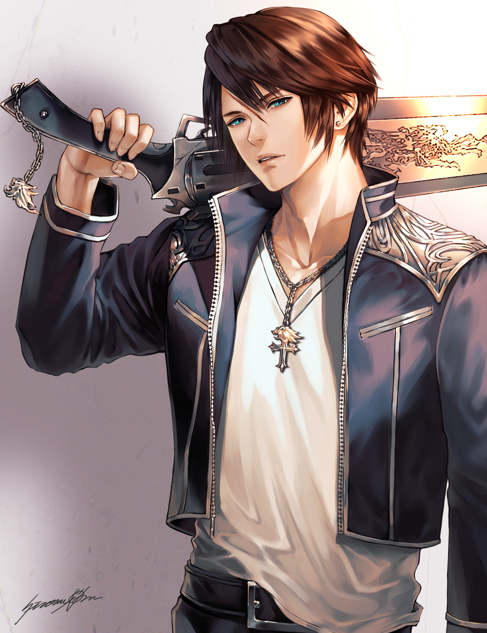 1boy belt blue_eyes brown_hair final_fantasy final_fantasy_viii gunblade highres hiromyan holding holding_weapon jacket jewelry looking_at_viewer male male_focus necklace open_jacket over_shoulder parted_lips scar school_uniform simple_background solo squall_leonhart standing upper_body v-neck weapon weapon_over_shoulder white_shirt