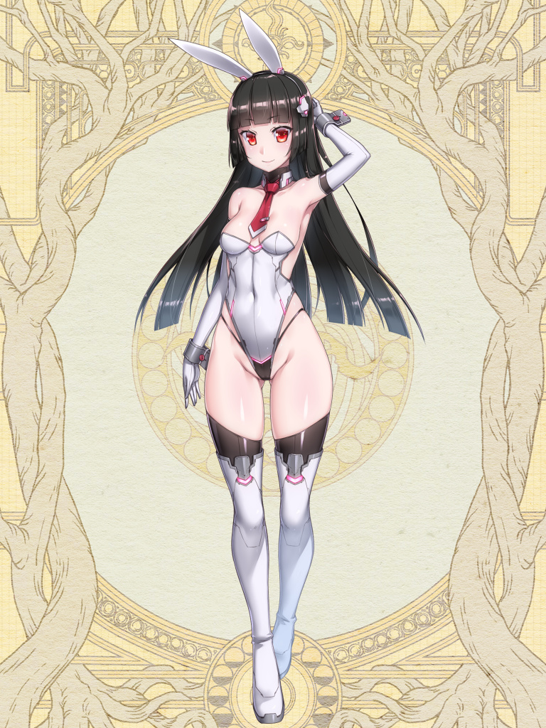 1girl animal_ears arm_behind_head ass_visible_through_thighs bangs bare_shoulders between_breasts black_hair black_headband black_panties blunt_bangs breasts closed_mouth cocytus_(wind_master) collarbone covered_navel covered_nipples dairoku_ryouhei elbow_gloves fake_animal_ears full_body gloves headband highleg highleg_leotard legs_apart leotard mechanical_legs medium_breasts necktie no_bra panties playboy_bunny red_eyes roots shiny shiny_skin smile solo standing strapless strapless_leotard string_panties thigh-highs tree underwear white_gloves wrist_cuffs yellow_background