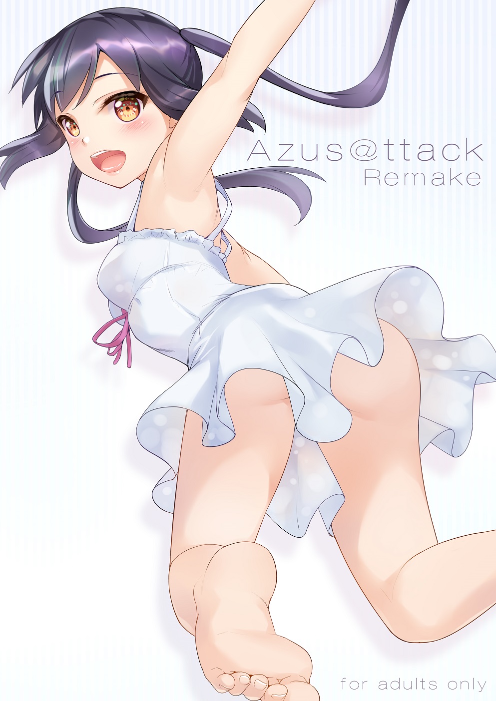 1girl :d ass bangs bare_shoulders barefoot black_hair blush breasts brown_eyes dress english_text eyebrows_visible_through_hair feet from_behind highres jumping k-on! looking_back medium_breasts men'youjan nakano_azusa ribbon shiny shiny_hair smile solo striped striped_background twintails white_dress