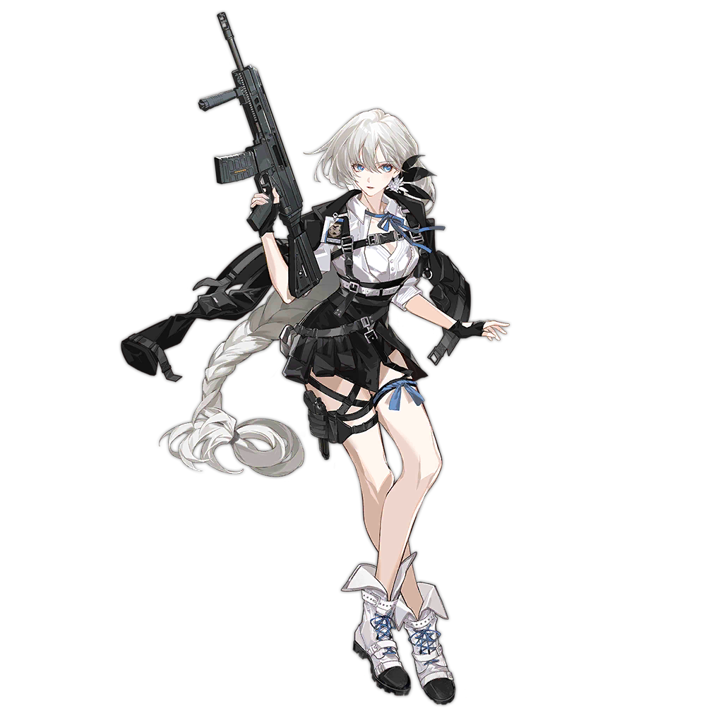 1girl apc556_(girls'_frontline) belt black_gloves black_jacket black_skirt blue_eyes boots braid braided_ponytail breasts closed_mouth eyebrows_visible_through_hair fingerless_gloves flower girls_frontline gloves gun hair_flower hair_ornament holding holding_weapon holstered_weapon jacket jacket_on_shoulders legs long_hair looking_away medium_breasts official_art platinum_blonde_hair rifle satsuya shirt skirt solo standing transparent_background weapon white_footwear white_shirt