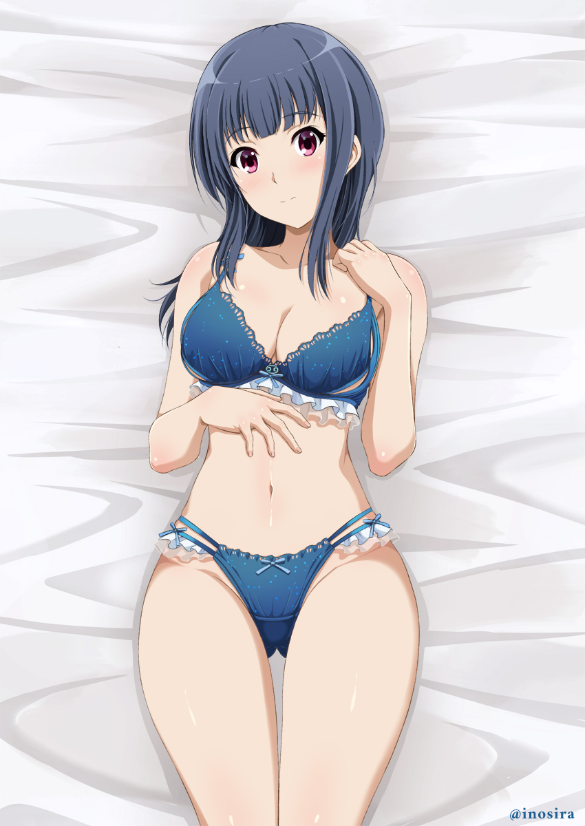 1girl bangs bed_sheet blue_bra blue_hair blue_panties blush bow bow_bra bow_panties bra breasts commentary_request commission crotch_seam eyebrows_visible_through_hair frilled_bra frilled_panties frills from_above hibike!_euphonium highres inoshira lace-trimmed_bra lace_trim lingerie long_hair looking_at_viewer lying medium_breasts multi-strapped_panties on_back on_bed panties pixiv_request solo thigh_gap twitter_username underwear underwear_only violet_eyes yoroizuka_mizore