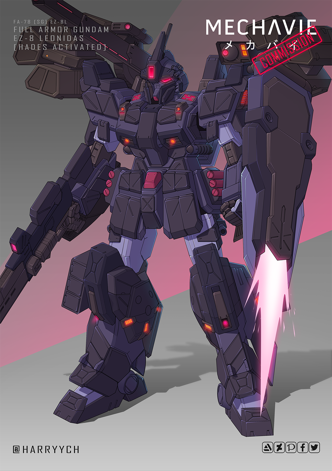 arm_blade clenched_hand commission energy_blade english_commentary fusion gun gundam gundam_08th_ms_team gundam_ez8 gundam_side_story:_missing_link harryych highres holding holding_gun holding_weapon mecha mobile_suit no_humans pale_rider_(mobile_suit) red_eyes science_fiction shield shoulder_cannon solo standing weapon