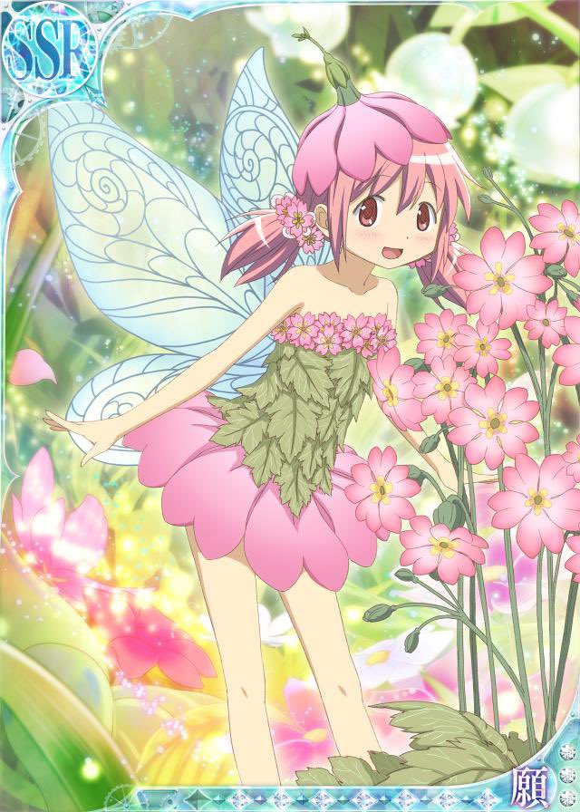 1girl arms_at_sides bare_arms bare_legs blurry blurry_background bud card_(medium) collarbone contrapposto dot_nose dress dress_flower eyebrows_visible_through_hair fairy_wings feet_out_of_frame flat_chest flower flower_hat grass hair_flower hair_ornament kaname_madoka legs_apart light_blush light_particles lily_of_the_valley looking_at_viewer low_twintails mahou_shoujo_madoka_magica official_art open_mouth pink_eyes pink_flower pink_hair shiny shiny_hair short_dress smile solo strapless strapless_dress trading_card twintails wings