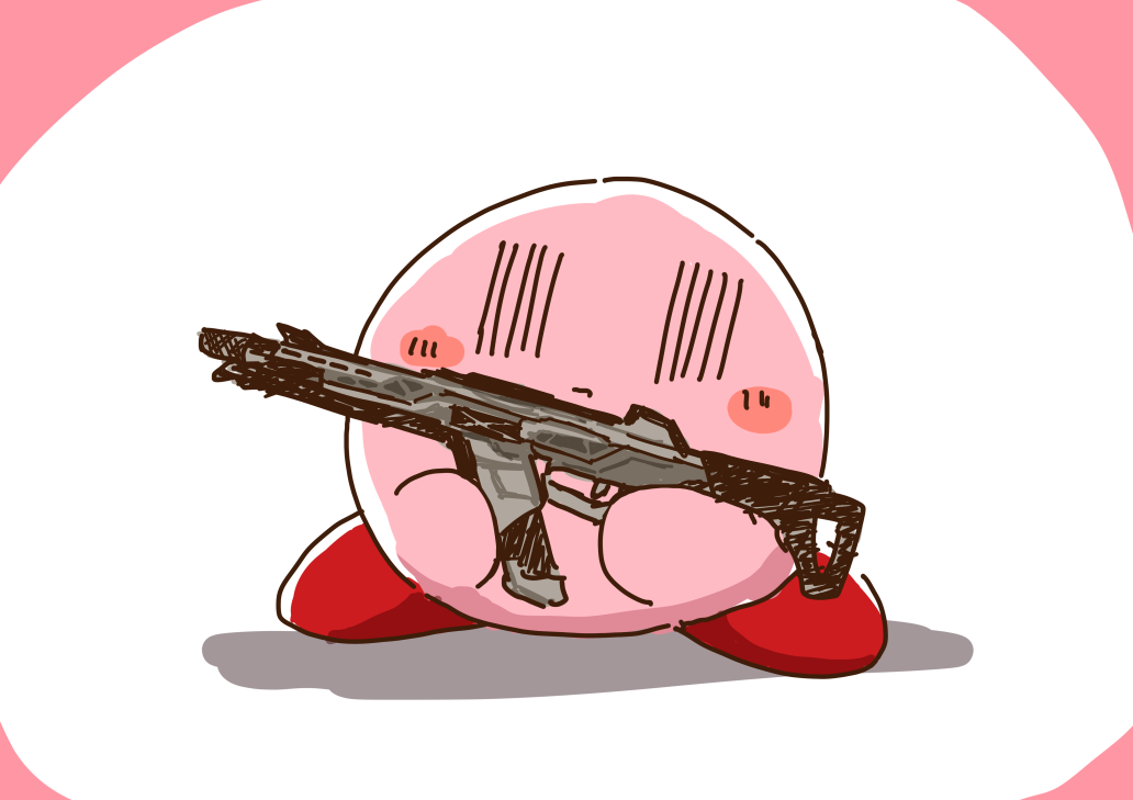 alien apex_legends assault_rifle blush crossover expressionless gun holding holding_gun holding_weapon kirby kirby_(series) r-301_carbine rifle shadow sketch solo tentsuyu weapon white_background