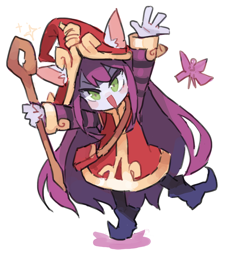 1girl animal_ears blush blush_stickers colored_skin dress ears_through_headwear fairy green_eyes hat holding holding_staff kasa large_hat league_of_legends long_hair lulu_(league_of_legends) open_hand open_mouth pointy_footwear purple_hair purple_skin red_dress red_headwear simple_background sleeves_past_wrists sparkle staff standing standing_on_one_leg striped striped_clothes very_long_hair white_background yordle