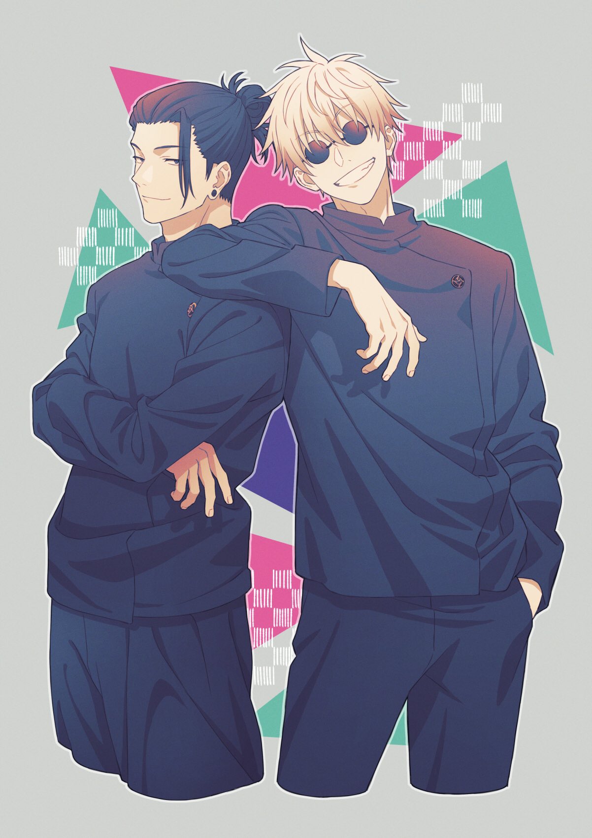 2boys arm_on_shoulder bangs black_eyes black_hair black_jacket black_pants closed_mouth cowboy_shot crossed_arms ear_piercing gakuran getou_suguru gojou_satoru hair_between_eyes hair_bun hair_pulled_back hand_in_pocket highres jacket jujutsu_kaisen long_sleeves looking_at_viewer male_focus multiple_boys pants piercing round_eyewear school_uniform short_hair smile standing sunglasses tsuu_(tu-3) white_hair