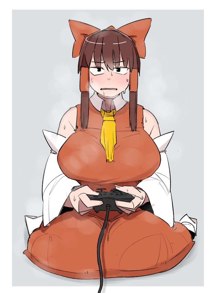 1girl alternate_eye_color bad_id bad_twitter_id bangs black_eyes breasts breath commentary_request controller cookie_(touhou) detached_sleeves eyebrows_visible_through_hair full_body game_controller grey_background hair_tubes hakurei_reimu highres holding holding_controller holding_game_controller large_breasts looking_at_viewer necktie ohasi open_mouth red_shirt red_skirt reu_(cookie) shirt short_hair_with_long_locks sidelocks sitting skirt sleeveless sleeveless_shirt solo touhou wariza white_sleeves yellow_necktie