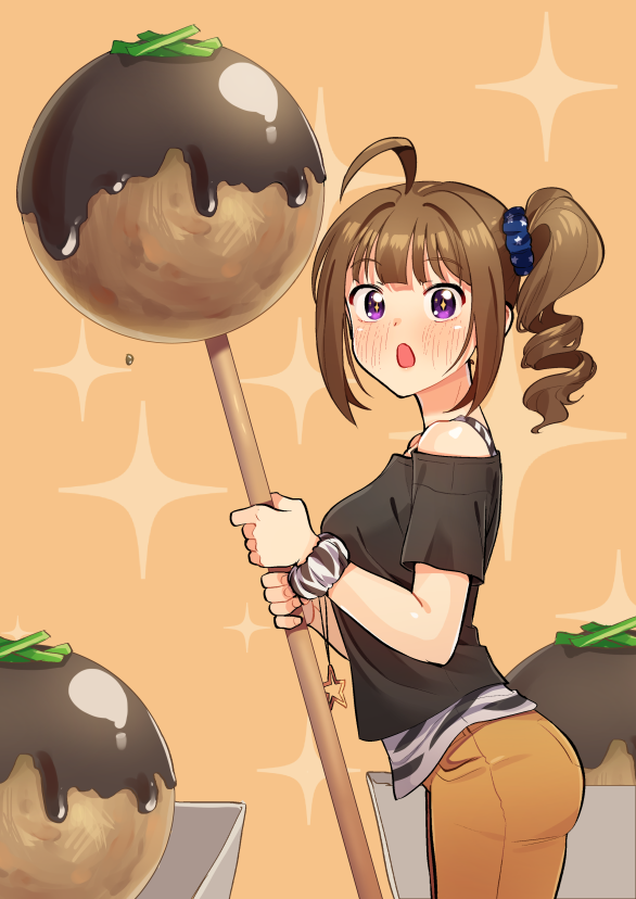 1girl ahoge bangs black_shirt blue_scrunchie blush commentary drill_hair eyebrows_visible_through_hair food from_side hair_ornament hair_scrunchie holding idolmaster idolmaster_million_live! jewelry kamille_(vcx68) looking_at_viewer medium_hair necklace open_mouth orange_pants oversized_food pants print_scrunchie scrunchie shirt short_sleeves side_drill side_ponytail sidelocks solo sparkle sparkling_eyes star_(symbol) star_necklace star_print t-shirt takoyaki tank_top violet_eyes white_scrunchie white_shirt wrist_scrunchie yokoyama_nao