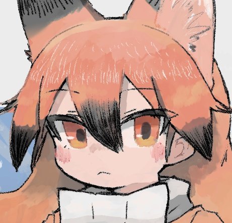 1girl animal_ear_fluff animal_ears black_hair blush bow buttergirl_02 character_request closed_mouth cropped face hair_between_eyes kemono_friends lowres multicolored_hair orange_eyes orange_hair solo upper_body white_bow