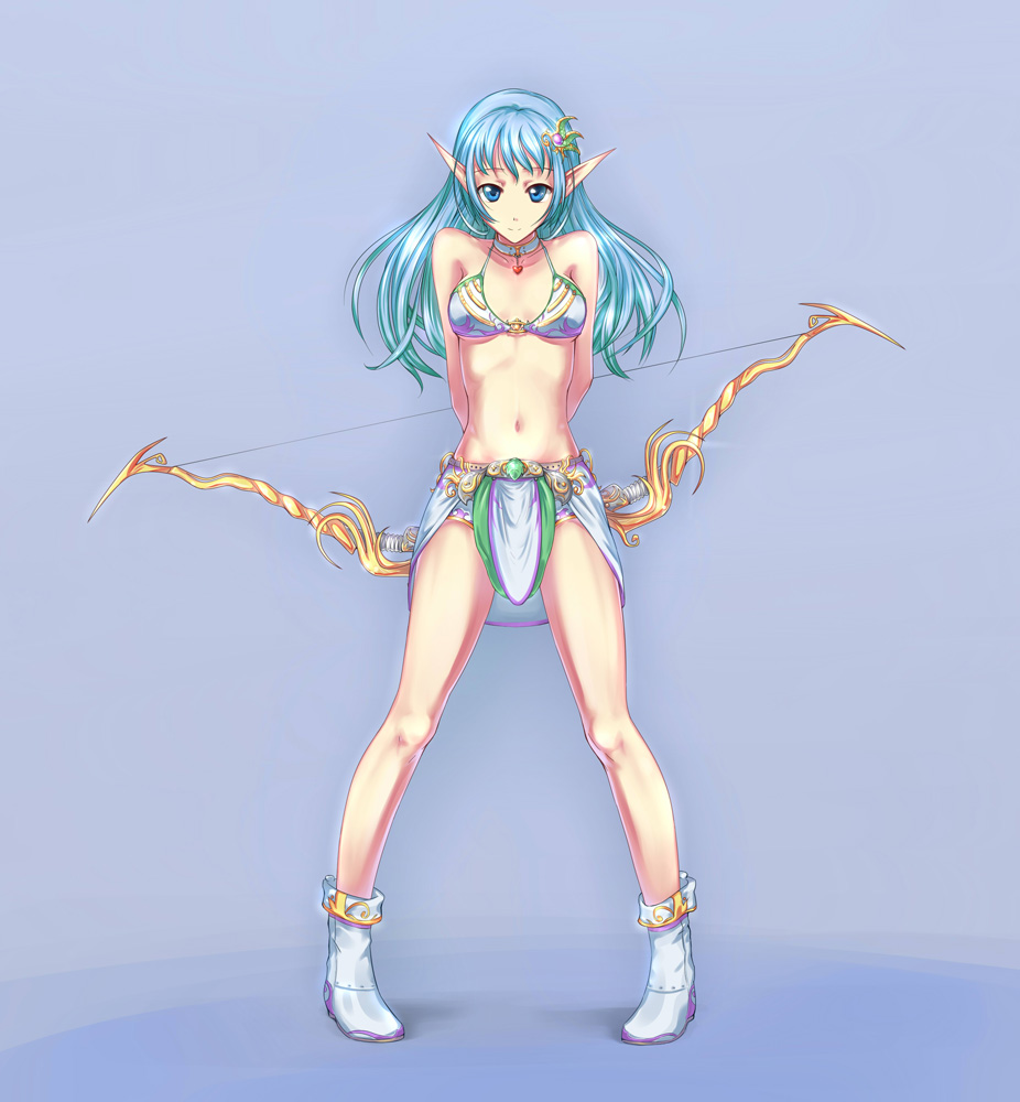 blue_eyes blue_hair bow_(weapon) elf legs long_hair o-ring_top original pointy_ears solo standing weapon