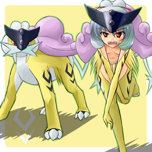 1girl lowres moemon personification pokemon pokemon_(creature) pokemon_(game) pokemon_gsc raikou red_eyes silver_hair tenjou_ryuka topless