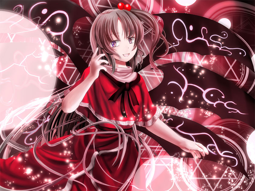 bad_id danmaku grey_eyes hair_bobbles hair_ornament long_hair magic_circle multiple_wings shinki side_ponytail silver_hair smile solo touhou very_long_hair wings