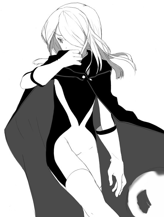 androgynous bodysuit cape hair_over_one_eye inazuma_eleven kazemaru_ichirouta monochrome solo trap