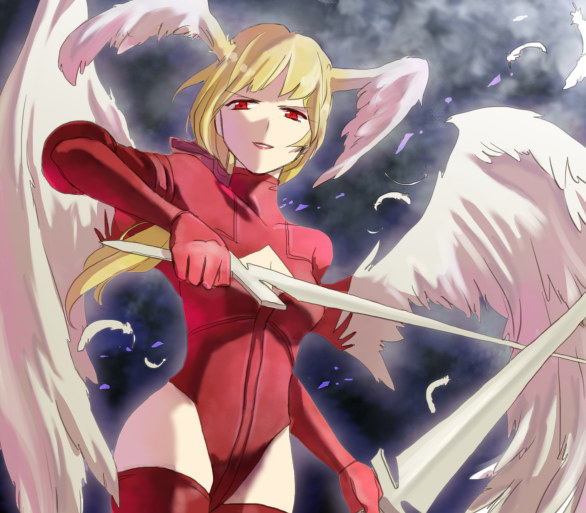 angel_wings bad_id blonde_hair bodysuit cleavage_cutout dual_wielding feathers final_fantasy final_fantasy_tactics head_wings headwings long_hair red_eyes solo sword thigh-highs thighhighs ultima_(fft) vilion violin weapon wings