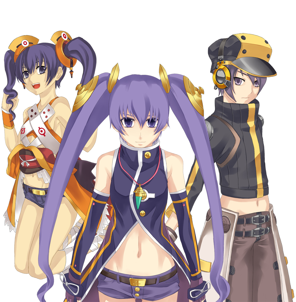 ar_tonelico ar_tonelico_ii ar_tonelico_iii bare_shoulders belt cocona_vatel denim denim_shorts deras dual_persona elbow_gloves fingerless_gloves flat_chest gloves gust hair_ornament hat headphones jewelry midriff multiple_persona navel necklace pendant purple_eyes purple_hair reverse_trap short_hair shorts spoilers tatsumi_(ar_tonelico) time_paradox triple_persona twintails violet_eyes