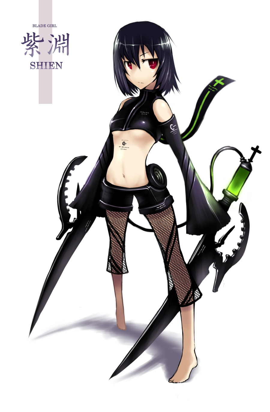 bare_shoulders black_hair cross detached_sleeves dual_wielding fishnets flat_chest gia gothic highres midriff navel original red_eyes science_fiction scifi short_hair shorts solo sword tattoo weapon