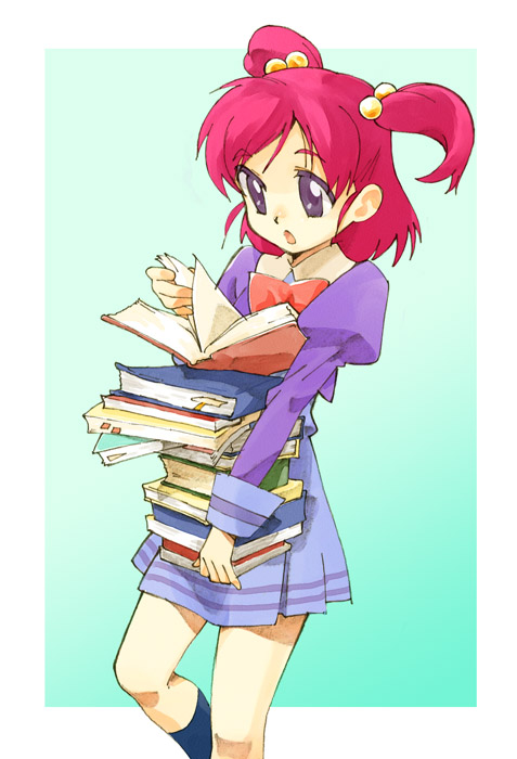 book book_focus book_stack books carrying nse pink_hair precure pretty_cure purple_eyes reading school_uniform short_twintails solo twintails two_side_up violet_eyes yes!_precure_5 yes!_pretty_cure_5 yumehara_nozomi