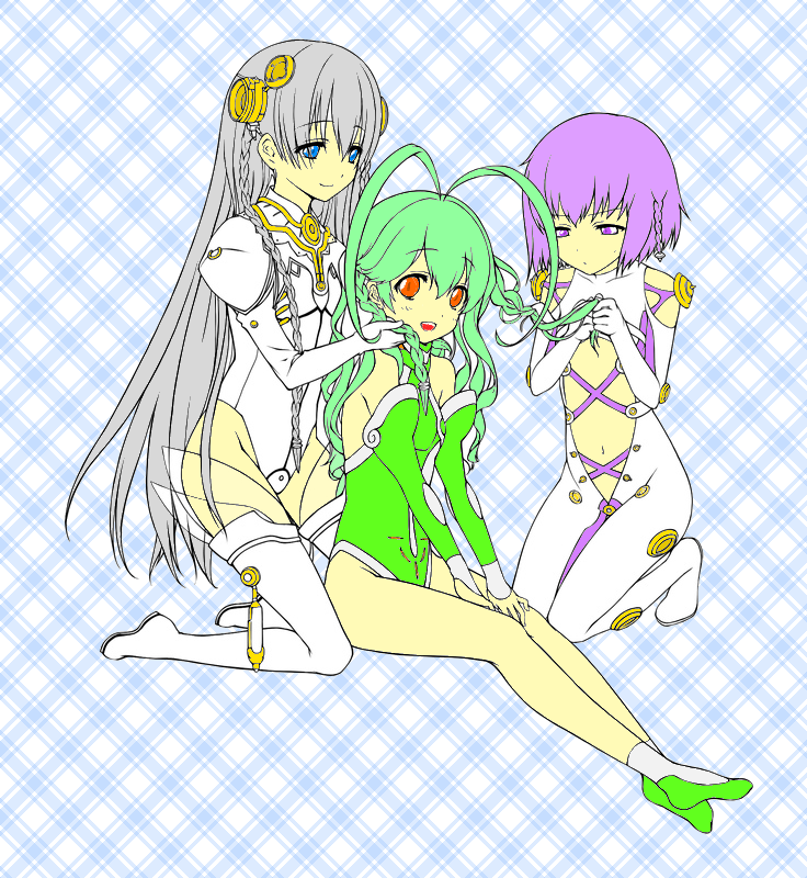 antenna_hair ar_tonelico ar_tonelico_i ar_tonelico_ii ar_tonelico_iii blue_eyes bodysuit boots braid detached_sleeves flat_chest frelia green_hair gust hair_ornament hairdressing kneeling lineart long_hair mozu multiple_girls open_mouth orange_eyes purple_eyes purple_hair short_hair shurelia silver_hair sitting smile thigh-highs thigh_boots thighhighs tilia twin_braids utsugi_(skydream)