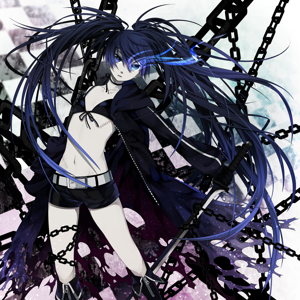 black_hair black_rock_shooter black_rock_shooter_(character) blue_eyes chain chains glowing glowing_eyes midriff navel osamu_(jagabata) shorts solo twintails