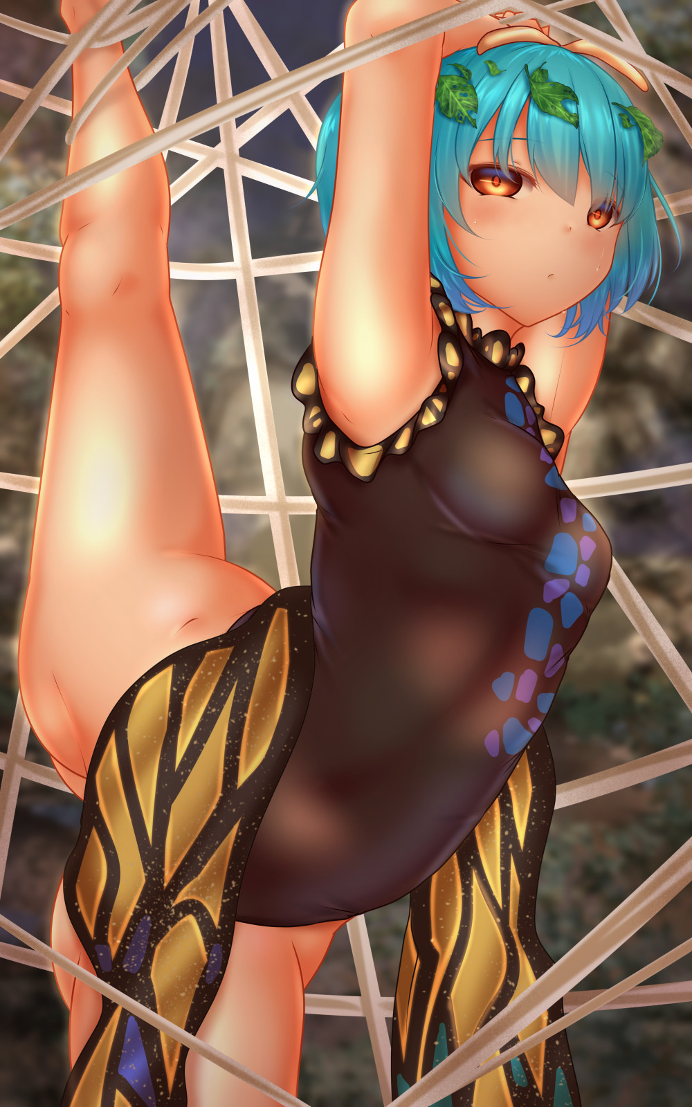 1girl antennae arms_up ass_visible_through_thighs bare_legs barefoot bdsm black_leotard blue_hair bondage bound breasts brown_eyes butterfly_wings closed_mouth eternity_larva feet_out_of_frame hair_ornament highres leaf leaf_hair_ornament leaf_on_head leotard shounen_(hogehoge) silk small_breasts spider_web split standing standing_on_one_leg standing_split sweat touhou wings