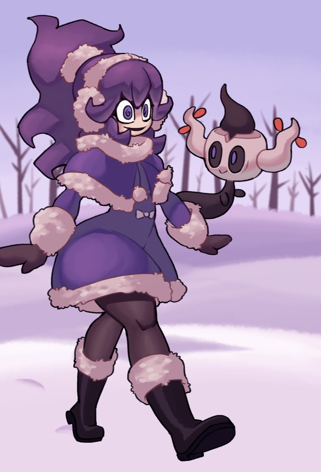 1girl @_@ alternate_costume alternate_hairstyle bare_tree black_footwear boots bow brown_gloves brown_legwear capelet commentary dress earmuffs english_commentary fur-trimmed_capelet fur_trim gloves hairband hex_maniac_(pokemon) highres kurt_robinson long_hair open_mouth outdoors pantyhose phantump pokemon pokemon_(creature) pokemon_(game) pokemon_xy ponytail purple_capelet purple_dress purple_hair sky smile snow standing tree violet_eyes winter_clothes