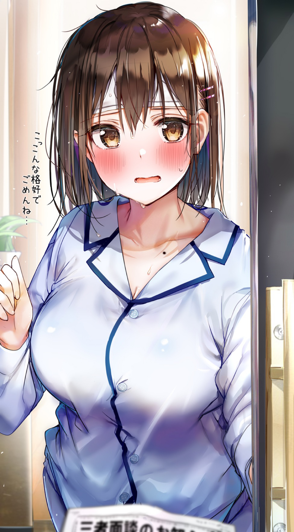 1girl bandages blush breasts brown_eyes brown_hair collarbone commentary_request hair_between_eyes hair_ornament hairclip highres large_breasts long_sleeves looking_at_viewer mole open_mouth opening_door original pajamas rouka_(akatyann) short_hair solo translation_request wavy_mouth