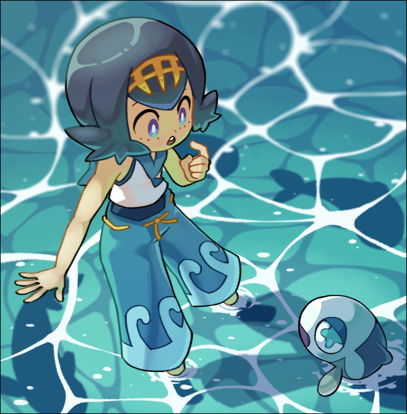 1girl blue_eyes blue_hair blue_pants blue_sailor_collar bright_pupils capri_pants commentary day english_commentary fish freckles hairband hand_up highres kurt_robinson lana_(pokemon) no_sclera one-piece_swimsuit open_mouth outdoors pants pokemon pokemon_(creature) pokemon_(game) pokemon_sm sailor_collar shirt short_hair sleeveless sleeveless_shirt standing swimsuit swimsuit_under_clothes teeth upper_teeth wading water wave_print white_pupils white_shirt wishiwashi wishiwashi_(solo) yellow_hairband