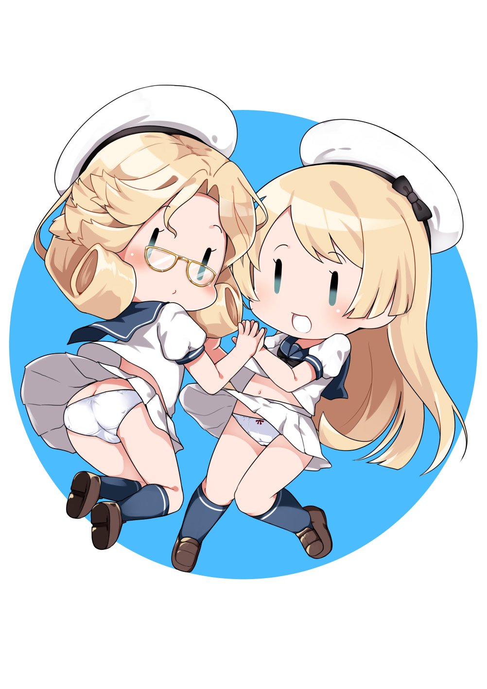 2girls black_sailor_collar blonde_hair blue_eyes clothes_lift commentary_request fairy_(kancolle) hand_grab hat highres janus_(kancolle) jervis_(kancolle) kantai_collection multiple_girls nassukun panties pantyshot pleated_skirt sailor_collar sailor_hat school_uniform serafuku short_hair skirt skirt_lift underwear white_headwear white_panties white_skirt wind wind_lift