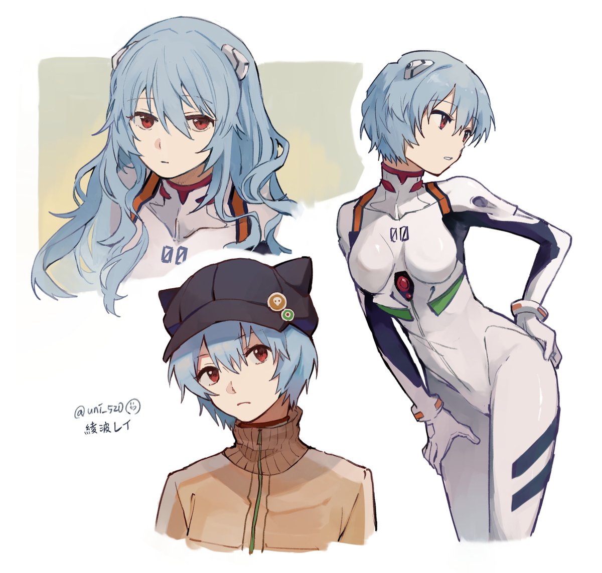 1girl alternate_hairstyle animal_hat ayanami_rei bangs black_headwear blue_hair bodysuit cat_hat character_name commentary cosplay covered_collarbone cropped_torso dango_(uni_520) hands_on_own_thighs hat high_collar long_hair looking_at_viewer looking_to_the_side multiple_views neon_genesis_evangelion parted_lips plugsuit rebuild_of_evangelion red_eyes short_hair simple_background souryuu_asuka_langley souryuu_asuka_langley_(cosplay) standing twitter_username white_background white_bodysuit