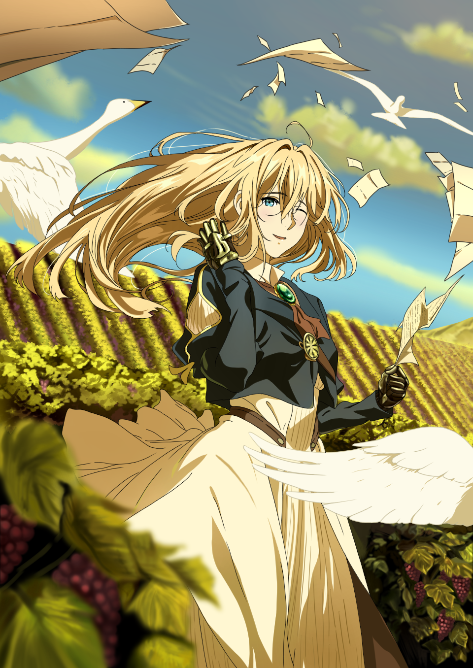 1girl animal bangs bird blonde_hair blue_eyes blue_jacket blue_sky blush brooch clouds cloudy_sky collar commentary_request day dress food fruit grapes hair_between_eyes highres holding jacket jewelry letter long_dress long_hair long_sleeves looking_at_viewer mechanical_arms no_gloves one_eye_closed outdoors paper parted_lips prosthesis prosthetic_arm puffy_long_sleeves puffy_sleeves sky smile solo standing violet_evergarden violet_evergarden_(series) white_dress wind yuuri-622