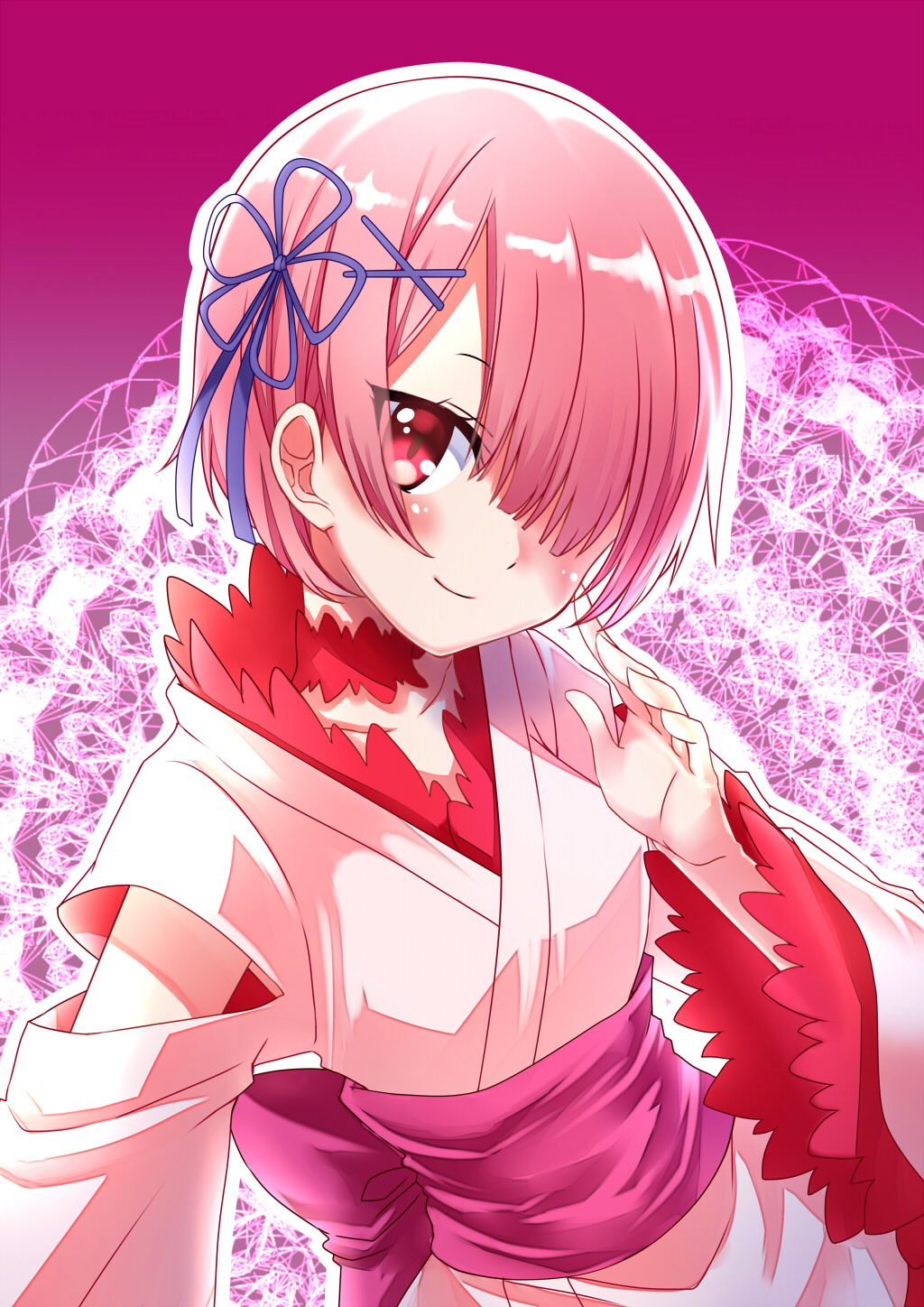 1girl blue_ribbon blush closed_mouth clothing_cutout collarbone feather_trim hair_ornament hair_ribbon highres japanese_clothes kaikai kimono obi one_eye_covered pink_background pink_eyes pink_hair ram_(re:zero) re:zero_kara_hajimeru_isekai_seikatsu ribbon sash short_hair shoulder_cutout smile solo upper_body x_hair_ornament