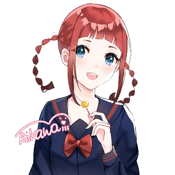 1girl :d artist_request asukagawa_chise bangs black_serafuku blue_eyes bow braid candy check_artist food gridman_universe hand_up hechuan holding holding_candy holding_food holding_lollipop lollipop long_sleeves red_bow redhead school_uniform serafuku sidelocks simple_background smile solo ssss.dynazenon twin_braids twintails white_background