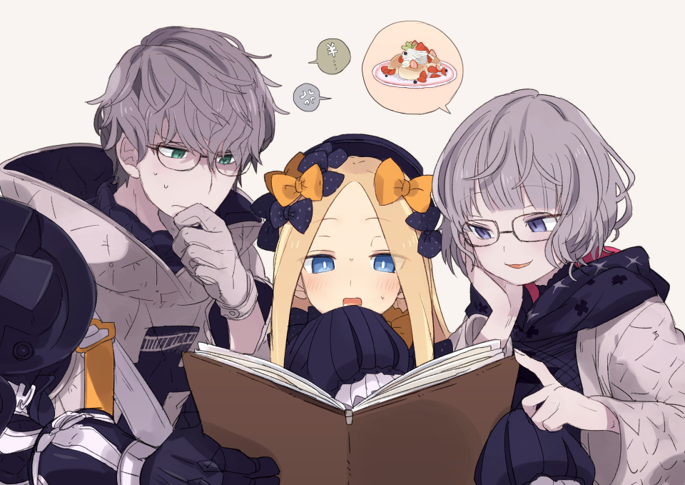 1boy 2girls abigail_williams_(fate) blonde_hair blue_eyes bow chin_stroking dessert fate/grand_order fate/grand_order_arcade fate_(series) food glasses gloves green_eyes grey_hair hair_bow hat jacques_de_molay_(fate) jacques_de_molay_(foreigner)_(fate) long_hair menu moruka_(karupattyo03) multiple_girls reading violet_eyes