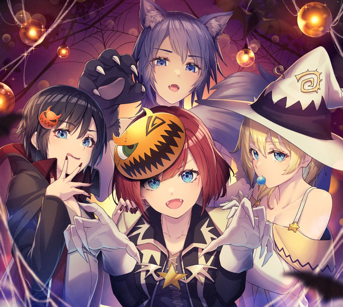 4girls animal_ears animal_hands aqua_(kingdom_hearts) black_hair blue_eyes candy cape fangs food gloves gogo_(detteiu_de) halloween halloween_costume hat kairi_(kingdom_hearts) kingdom_hearts licking_lips lollipop looking_at_viewer mask mask_on_head multiple_girls namine open_mouth paw_gloves short_hair smile tongue tongue_out upper_body vampire_costume werewolf_costume white_gloves witch_hat wolf_ears xion_(kingdom_hearts)