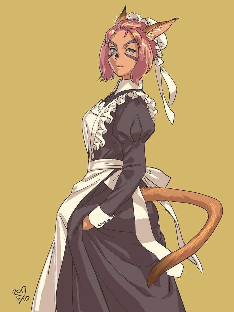 1girl 2017 animal_ears apron black_dress cat_ears cat_girl cat_tail closed_mouth collared_dress dark-skinned_female dark_skin dated dress facial_mark final_fantasy final_fantasy_xi grey_eyes hat juliet_sleeves long_sleeves maid maid_apron mob_cap pink_hair puffy_sleeves short_hair solo tail white_apron white_headwear yellow_background yuccoshi