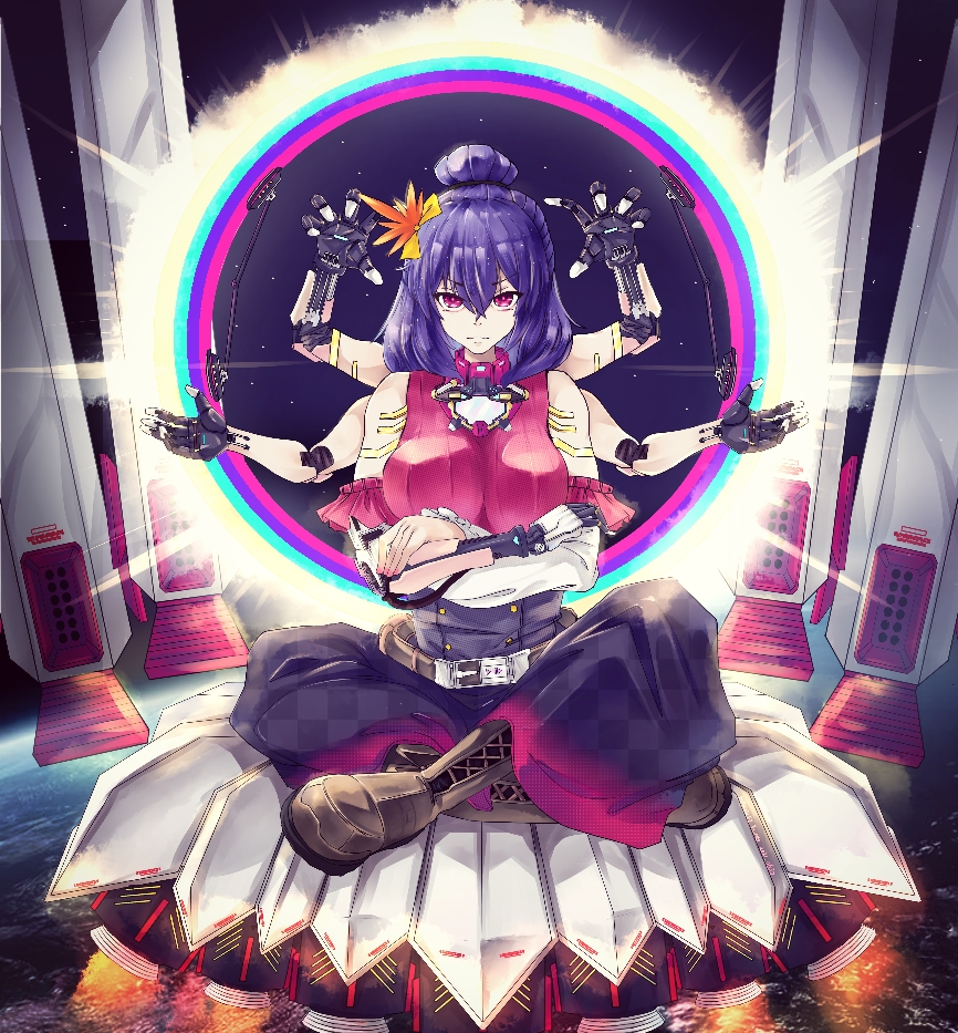 1girl bangs belt blue_skirt boots breasts brown_footwear closed_mouth cyberpunk cyborg earth_(planet) extra_arms floating hair_ornament hakurei_fling halo joints large_breasts long_skirt looking_at_viewer mechanical_arms medium_hair mirror planet purple_hair red_eyes red_shirt robot_joints rocket shirt short_hair skirt sleeveless solo space touhou yasaka_kanako
