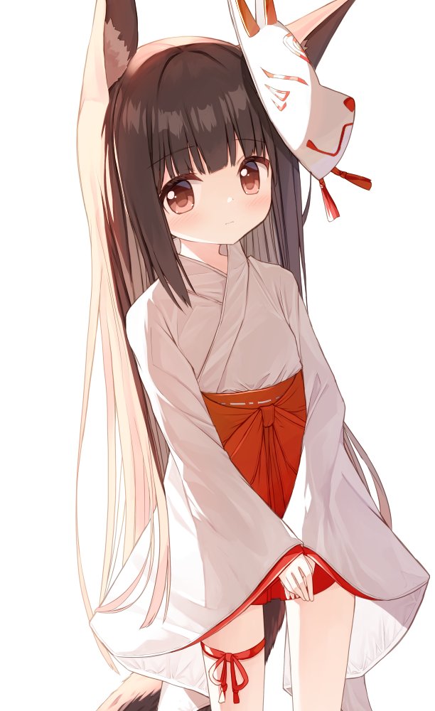 1girl animal_ear_fluff animal_ears bangs brown_eyes brown_hair closed_mouth commentary_request eyebrows_visible_through_hair fox_ears fox_girl fox_mask fox_tail hakama hakama_short_skirt hakama_skirt japanese_clothes kimono long_hair long_sleeves looking_at_viewer mask mask_on_head original own_hands_together red_hakama simple_background skirt sleeves_past_wrists solo standing tail very_long_hair white_background white_kimono wide_sleeves yuuhagi_(amaretto-no-natsu)