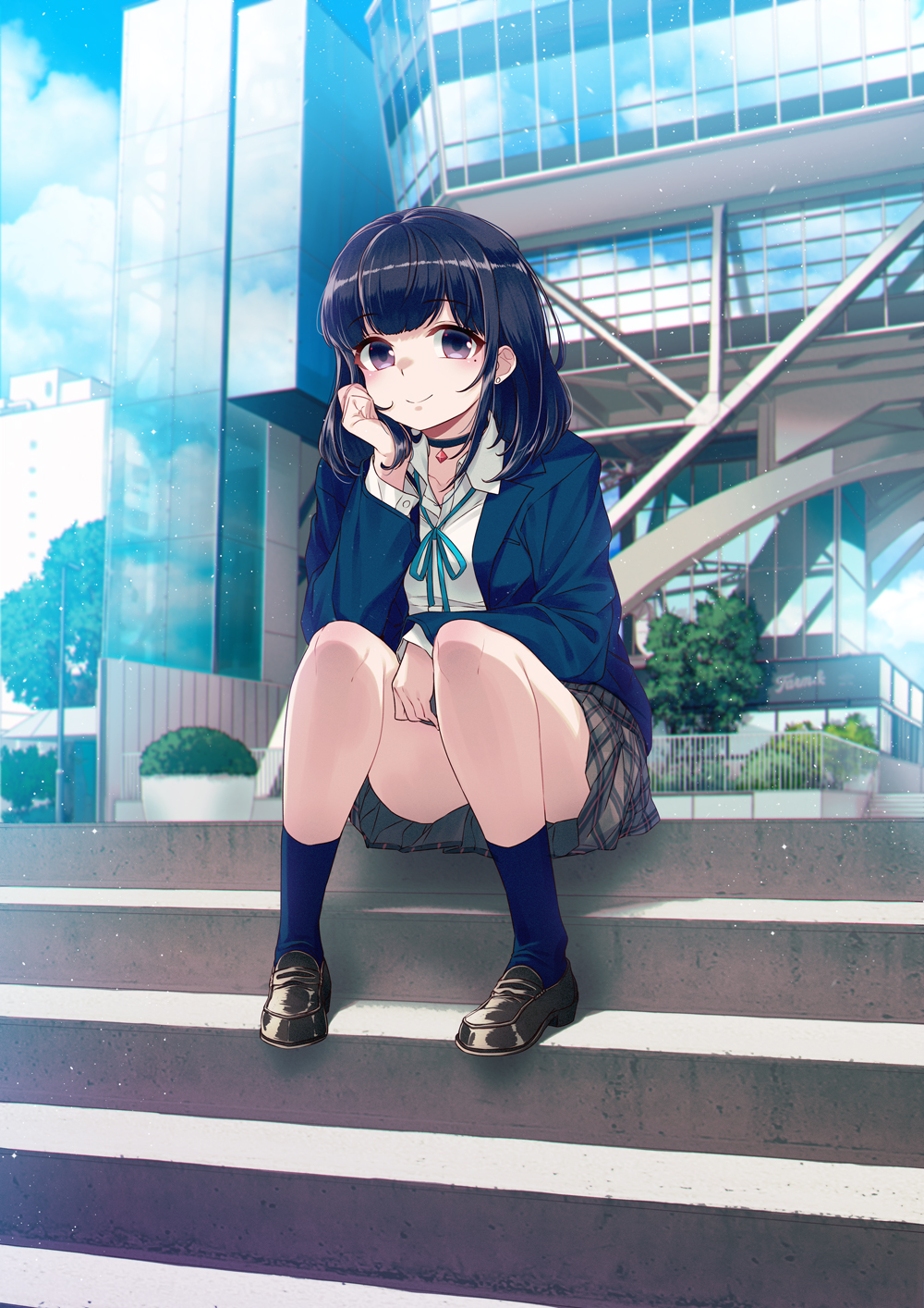 1girl 40hara aqua_ribbon bangs between_legs black_footwear black_hair blazer blue_jacket blue_legwear blunt_bangs choker city closed_mouth clouds collared_shirt commentary_request day duplicate eyebrows_visible_through_hair fujimura_akari full_body hand_between_legs head_rest highres jacket looking_at_viewer medium_hair mole mole_under_eye neck_ribbon open_clothes outdoors pixel-perfect_duplicate pleated_skirt ribbon school_uniform shirt shoes sitting sitting_on_stairs skirt smile solo stairs tada_seifuku_wo_kiteru_dake uniform violet_eyes