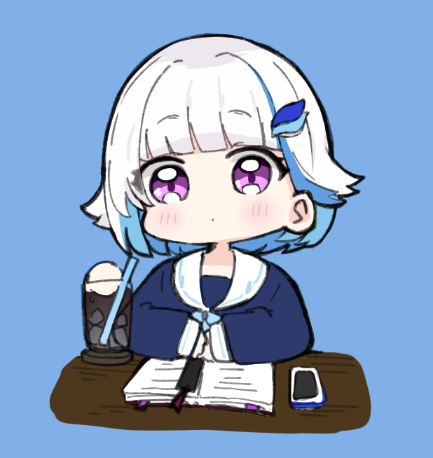 1girl bangs blue_background blue_hair blue_shirt blunt_bangs blush book bookmark cellphone chibi closed_mouth cup drinking_glass drinking_straw eyebrows_visible_through_hair hair_ornament hitomiz ice ice_cube lize_helesta long_sleeves looking_at_viewer multicolored_hair nijisanji open_book phone sailor_collar school_uniform serafuku shirt short_hair simple_background sleeves_past_wrists solo two-tone_hair upper_body violet_eyes virtual_youtuber white_hair white_sailor_collar