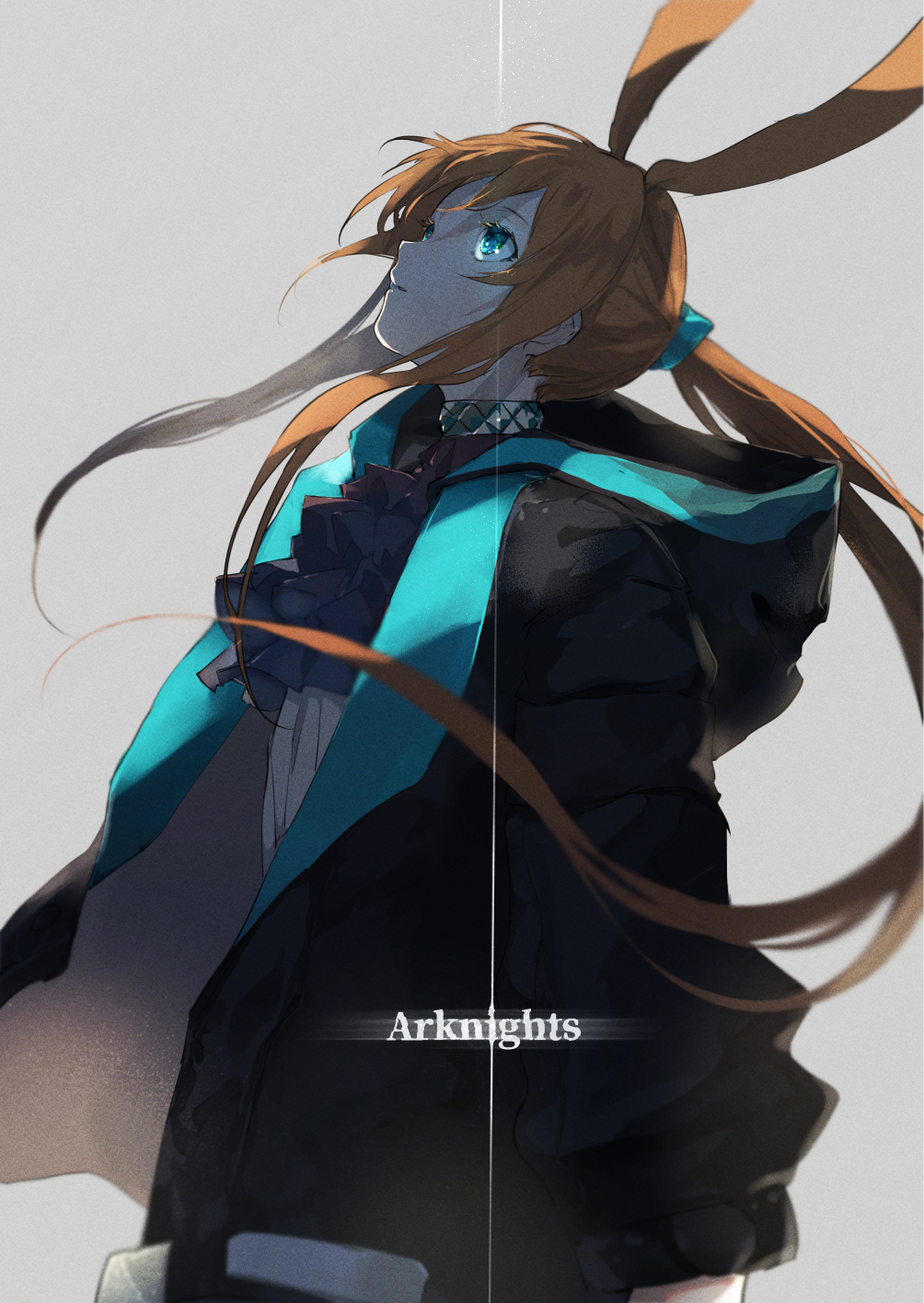 1girl amiya_(arknights) animal_ears arknights ascot black_coat blue_eyes blue_neckwear brown_hair coat commentary copyright_name cowboy_shot eyelashes grey_background half_updo highres jewelry long_hair looking_up neck_ring o_kita915 open_clothes open_coat parted_lips ponytail rabbit_ears shirt sidelocks simple_background solo white_shirt