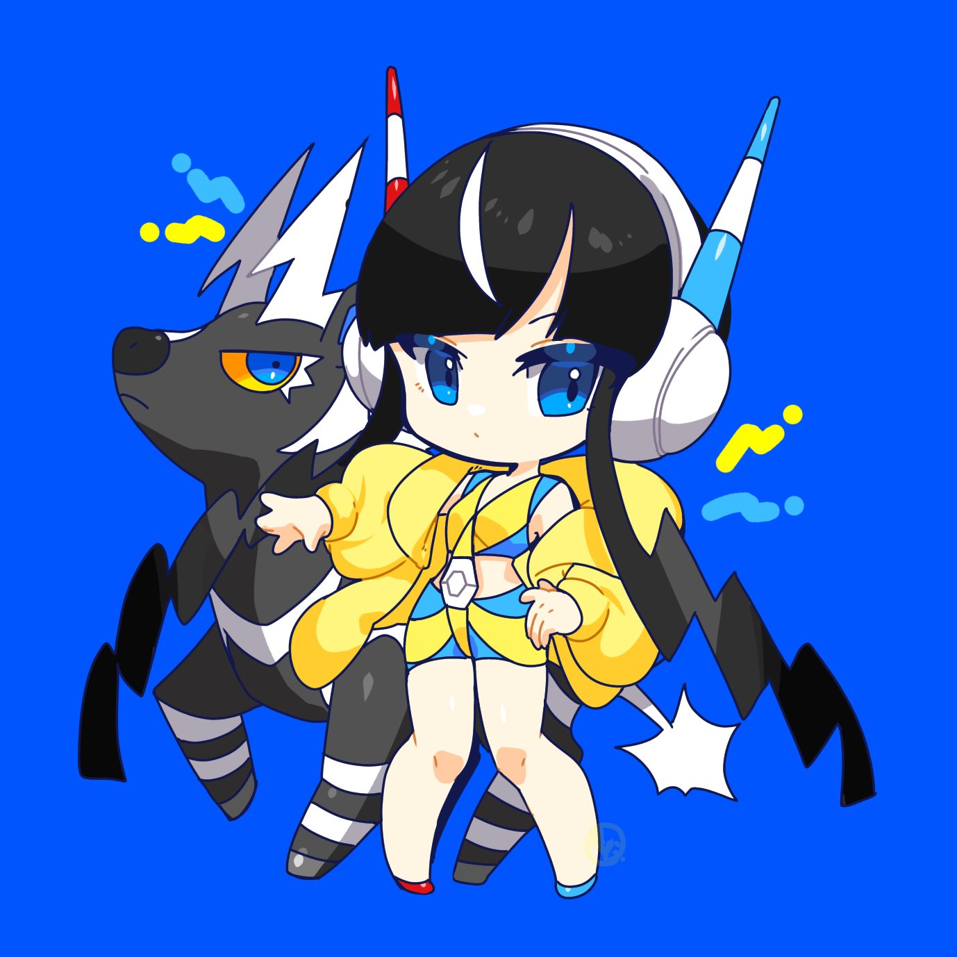 1girl asymmetrical_footwear bangs bike_shorts black_hair blue_background blue_eyes blunt_bangs chibi closed_mouth commentary_request elesa_(pokemon) full_body fur_jacket headphones highres jacket kamota_(momokomati) knees long_sleeves looking_at_viewer open_clothes open_jacket pokemon pokemon_(creature) pokemon_(game) pokemon_bw2 shoes short_hair_with_long_locks sidelocks simple_background standing yellow_jacket zebstrika